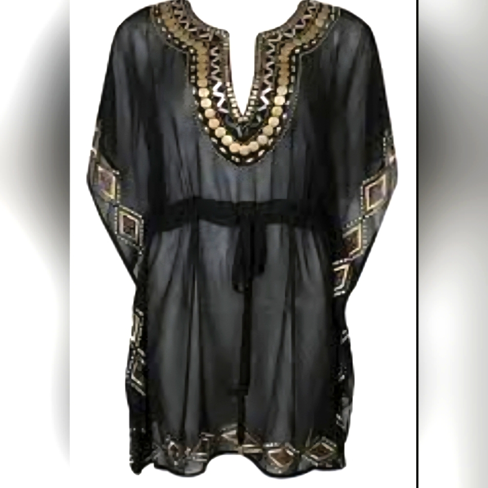 XXI Sheer Studded Black Embroidered Tunic Cover-Up Boho Size Medium